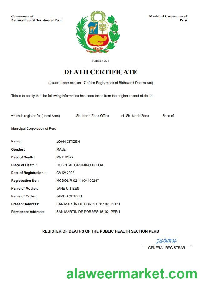 Peru vital record death certificate Word and PDF template